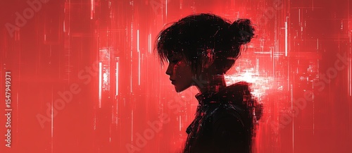 Silhouette of a woman against a vibrant red background.