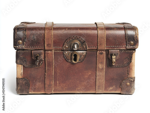 A locked chest, isolated on a clean white background, with a worn leather texture and no shadow.
