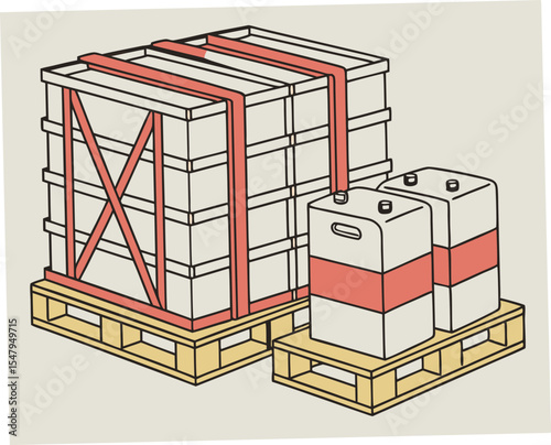 Illustration of pallets with stacked containers and drums for packaging concept, warehouse, loading and transportation