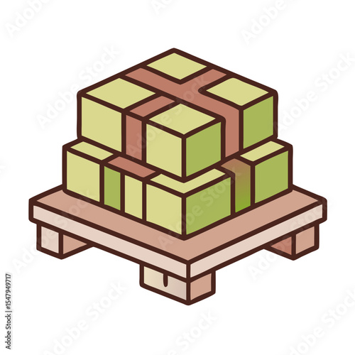 Illustration of stacked green boxes secured with straps on a wooden pallet for packaging concept, warehouse, loading and transportation