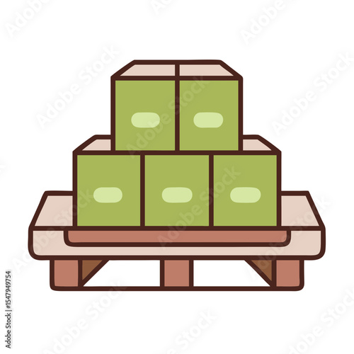 Illustration of green boxes stacked on a wooden pallet for packaging concept, warehouse, loading and transportation