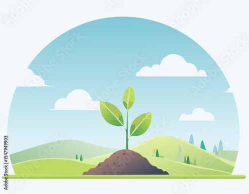 A young plant growing from soil in a calm open field, surrounded by soft hills and clouds, minimal flat design with large copy space.