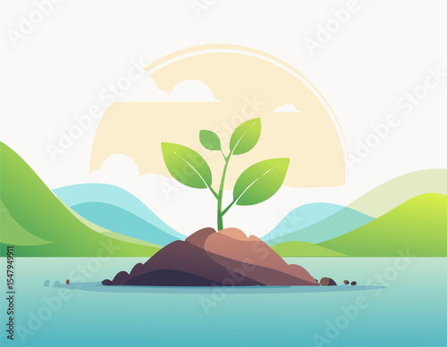New plant growing upward from dirt hill in a flat art background of rolling hills and blue sky, bright and inviting look.