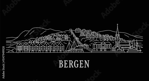 Bergen with Norway Skyline Line Art Black Background.