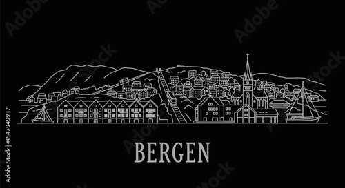 Bergen with Norway City Skyline Line Art.
