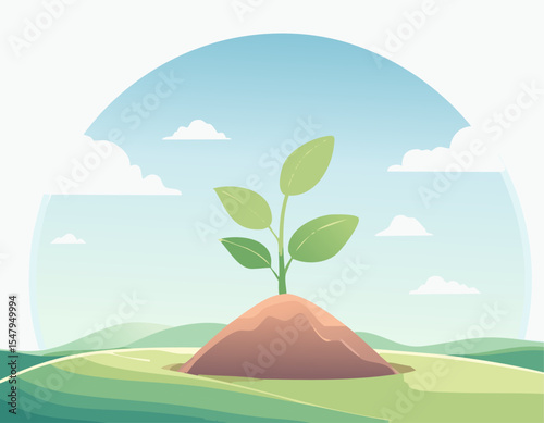 Minimal sprout scene with curved hills, gentle sky, and central soil mound, ideal for themes of life, environment, and renewal.