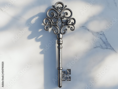 A mysterious key, isolated on a white surface, with an intricate design and no shadow.