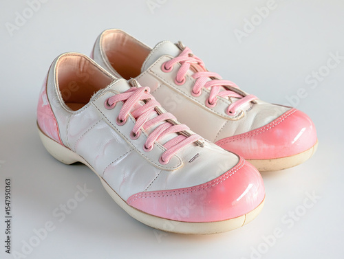 A pair of bowling shoes for women, isolated on a white surface, with pink accents and no shadow.
