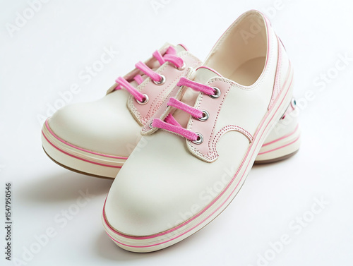 A pair of bowling shoes for women, isolated on a white surface, with pink accents and no shadow.