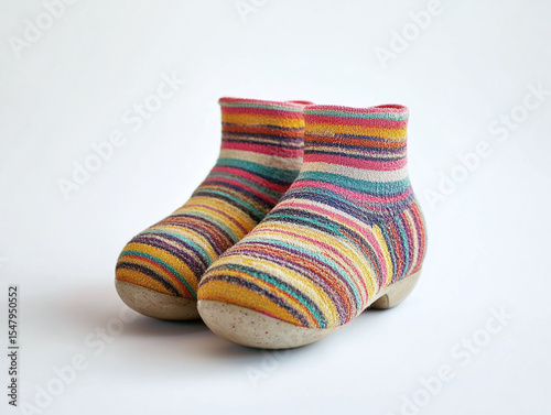 A pair of bowling socks, isolated on a white surface, with striped patterns and no shadow.
