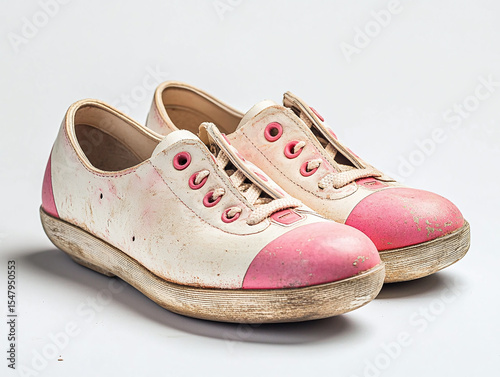 A pair of bowling shoes for women, isolated on a white surface, with pink accents and no shadow.