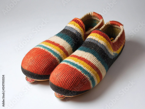A pair of bowling socks, isolated on a white surface, with striped patterns and no shadow.