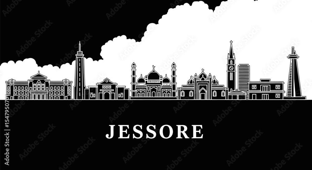 Fototapeta premium Jessore Bangladesh Skyline Silhouette Black White.