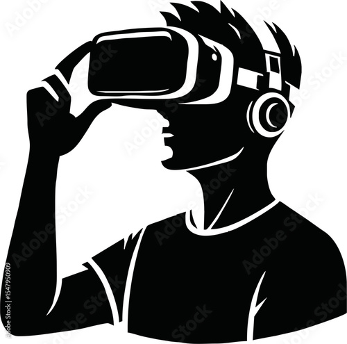 Person in virtual reality headset. VR headset goggles. Virtual reality art icon, symbols, logo, illustrations, signs, doodles for web, business, online. Vector illustration, technology and innovation