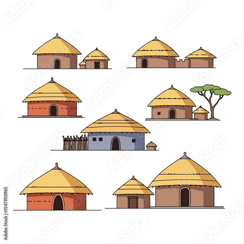 African hut village scene thatch roof houses