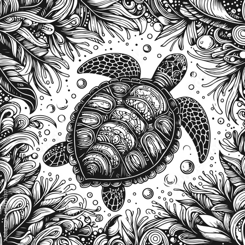 Black and white turtle line art depicting detailed, minimalist design with clean, smooth lines and elegant simplicity