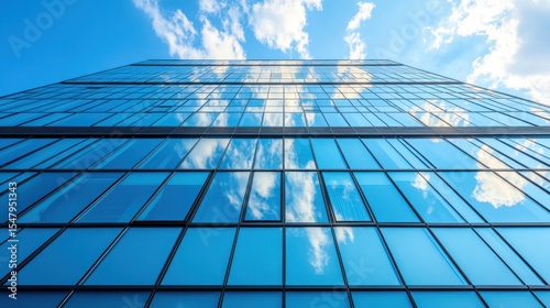 Modern Glass Building with Reflections of Clouds and Sky Above