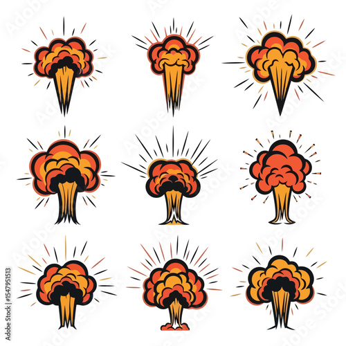 Atomic explosion mushroom cloud set on white background