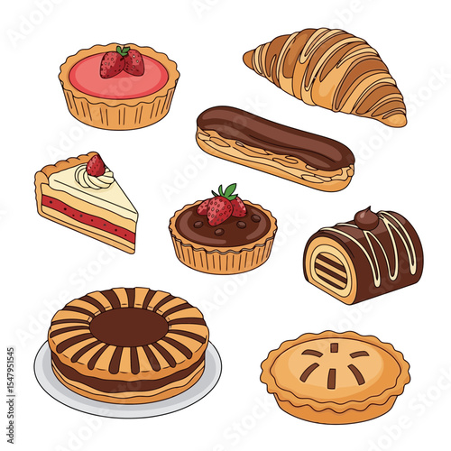 Bakery food assortment with tart, pie, croissant