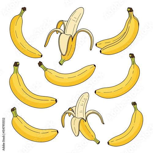 Bananas collection fresh tropical yellow fruit