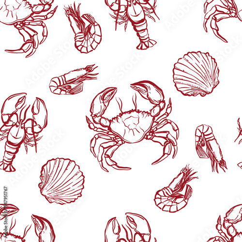 Trendy vector seamless pattern with seafood in modern linear style. Includes fish, shrimp, crab, and shellfish. Minimalist 2025 design, perfect for packaging, textiles, and kitchen decor.