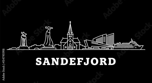Sandefjord Norway Skyline White Line Vector.