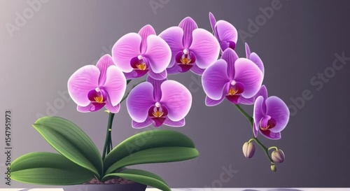 Elegant orchid arrangement in modern vase on marble table, stylish floral decor