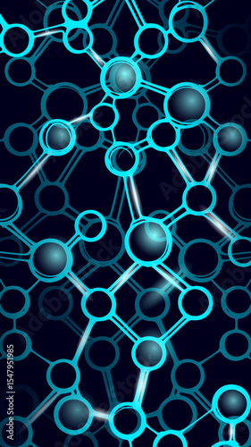 Molecular structure connection network. Linked atoms digital art. Science technology medicine engineering design. Dark blue background glow effect vector