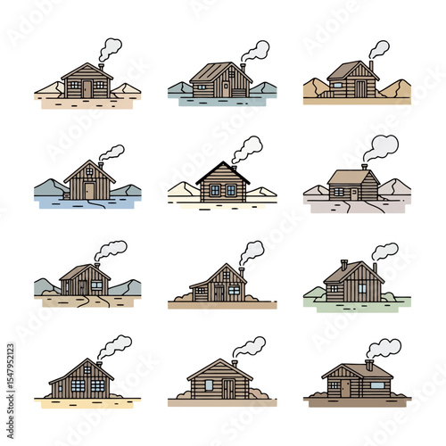 Cabins smoke chimney landscape nature winter scene