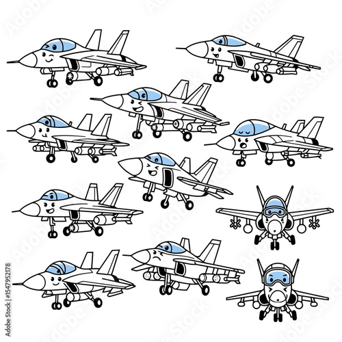 Cartoon airplane fighter jet aviation icon set