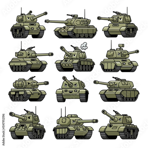 Cartoon army tanks set with different expressions