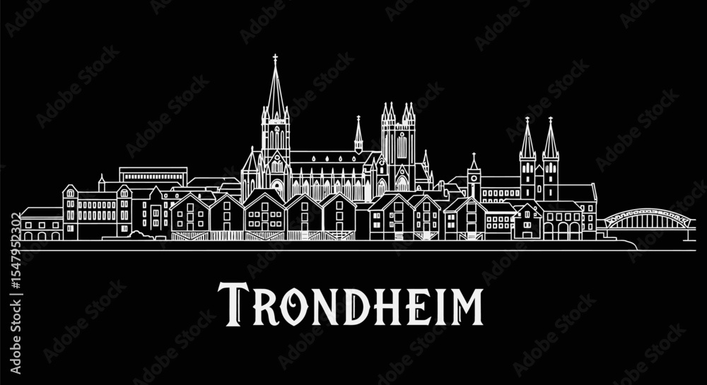 Fototapeta premium Trondheim with Norway Skyline Vector Outline.