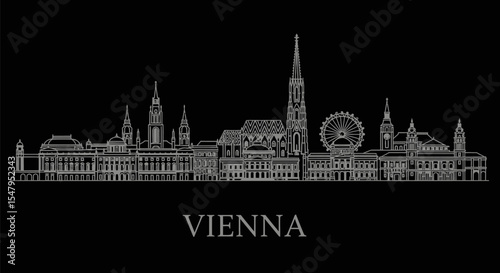 Vienna Skyline Austria city line art on black.