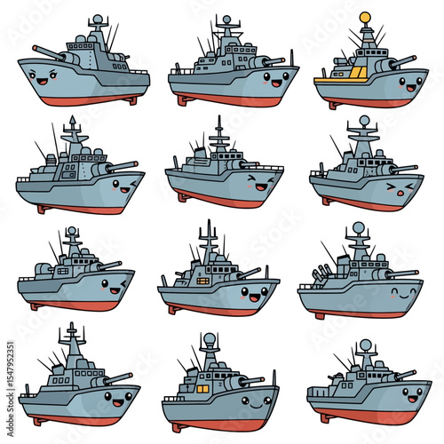 Cartoon battle ships naval fleet marine transport
