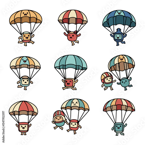 Cartoon characters with parachutes cute skydiving concept