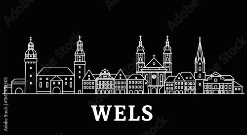 Wels with Austria, skyline, white line, and black.