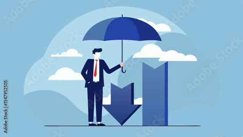 Businessman holding umbrella protecting from economic downturn and market fall financial crisis