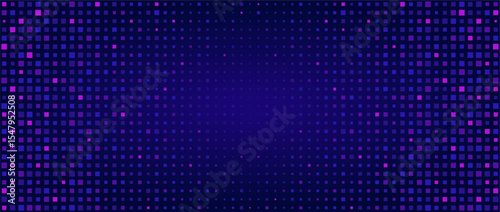 Disco pixel mosaic. Vector background of disco ball for party, glitter effect, glowing neon purple and pink dot lights. Pixelated texture background for screen, night club, web, concert hall, video