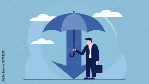 Businessman holding umbrella protecting from economic downturn or financial crisis concept illustration
