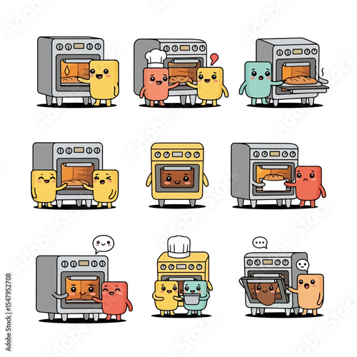 Cartoon oven with food baking and happy characters
