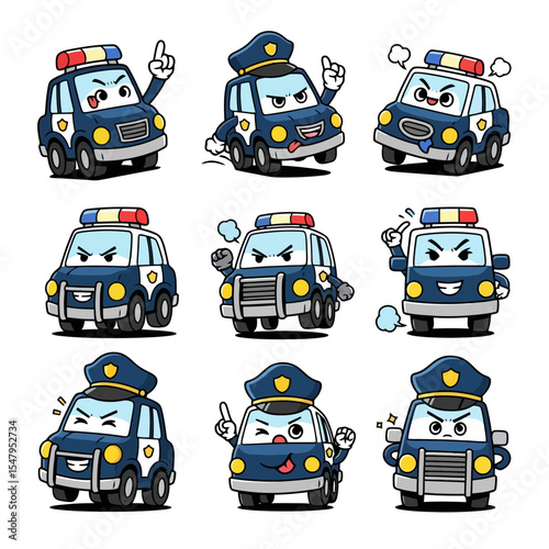 Cartoon police car characters funny expressions concept