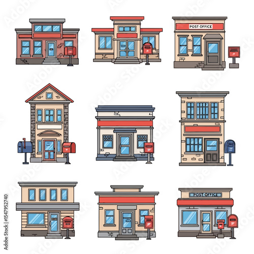 Cartoon post office buildings set