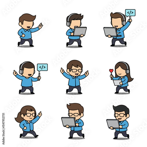 Cartoon programmer character set holding laptop