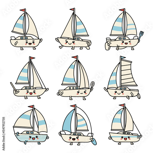 Cartoon sailboat characters, sailing fun, sea adventure