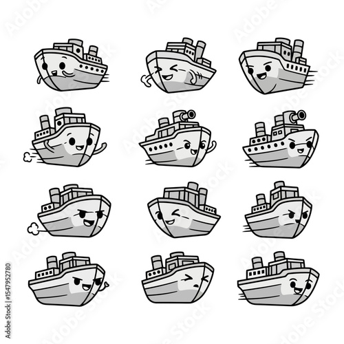 Cartoon ships cute boat character transport collection