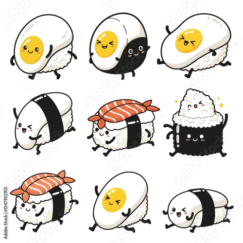 Cartoon sushi characters food, playful design concept