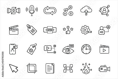 Content Creation Icons Set  Vector Icons of Video, Reels, Editing Tools, and Social Sharing