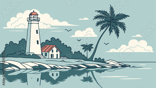 Coastal Lighthouse Scene Palm Trees Seascape Design for Branding and Logos