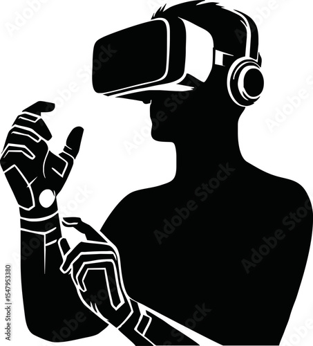 Person in virtual reality headset. VR headset goggles. Virtual reality art icon, symbols, logo, illustrations, signs, doodles for web, business, online. Vector illustration, technology and innovation