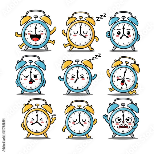 Clock characters emotions timekeeping alarm collection